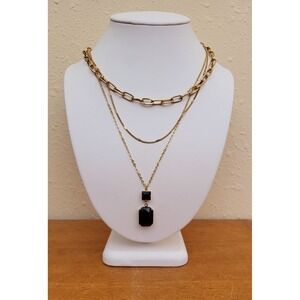Pink Panache Triple Strand Gold Tone Chain Necklace Faux Black Onyx Drop Pendant